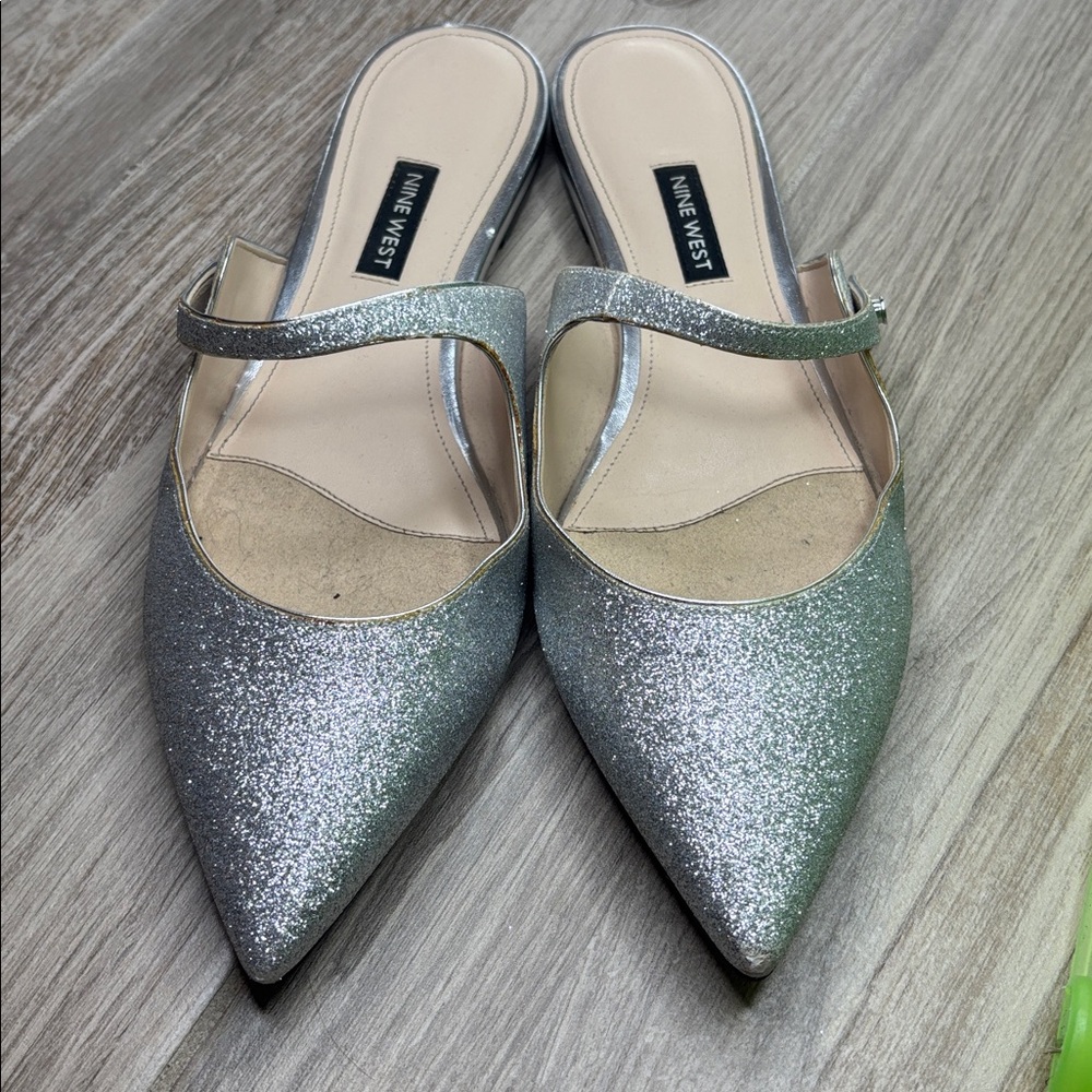 Nine West Silver Sparkle Pointed-Toe Slides size 9